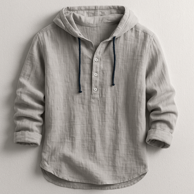 Men's Linen Hooded Henley Shirt with Drawstring