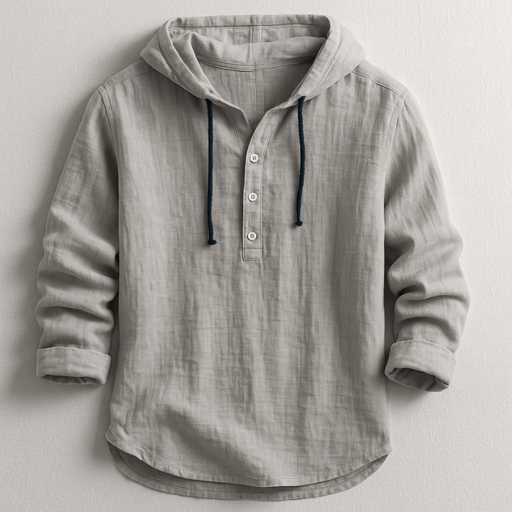 Men's Linen Hooded Henley Shirt with Drawstring