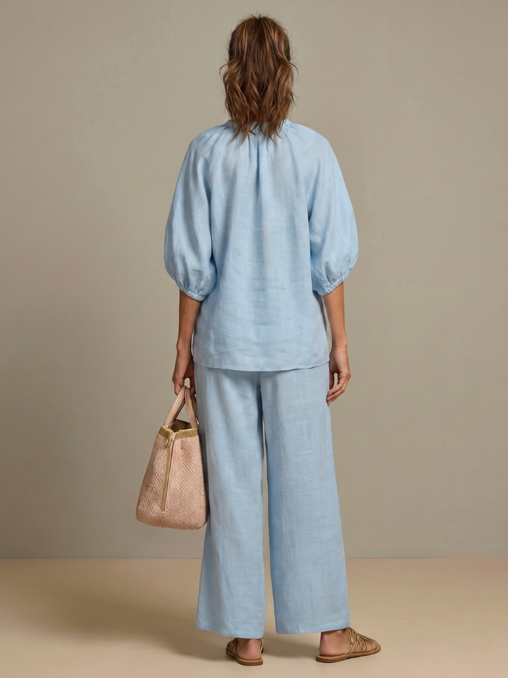 Women's Linen Zip-Neck Top and Wide-Leg Pants Set