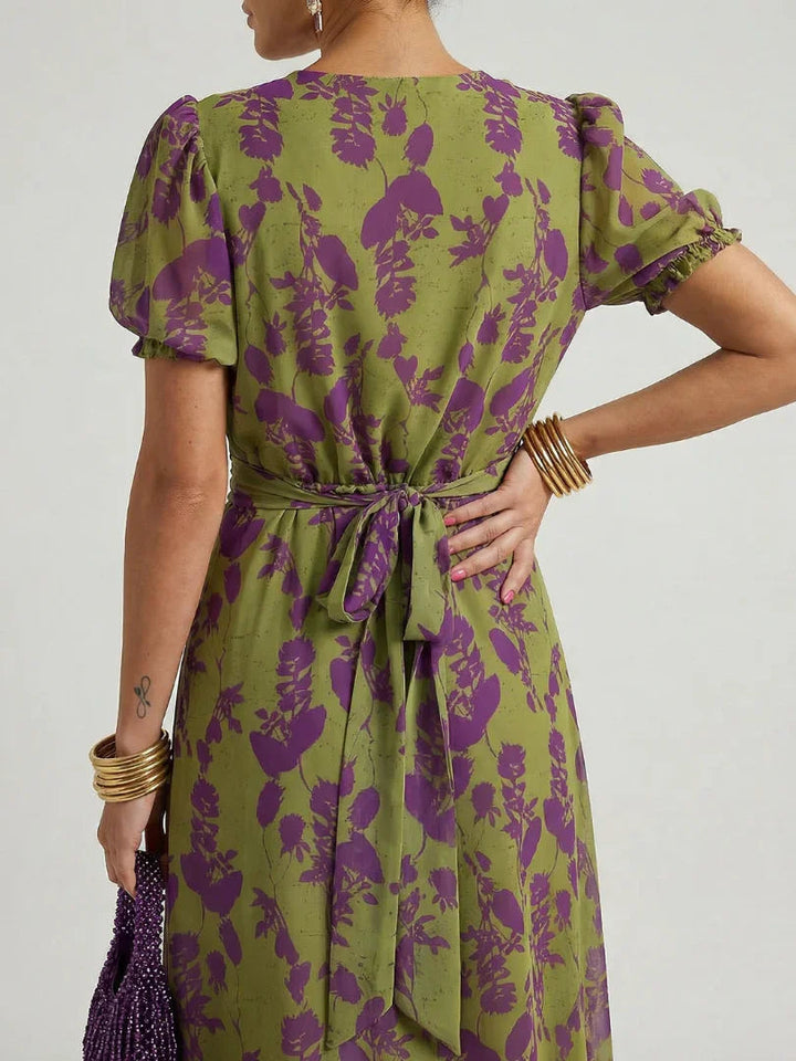 Women's Wrap-Front Puff-Sleeve Floral Midi Dress