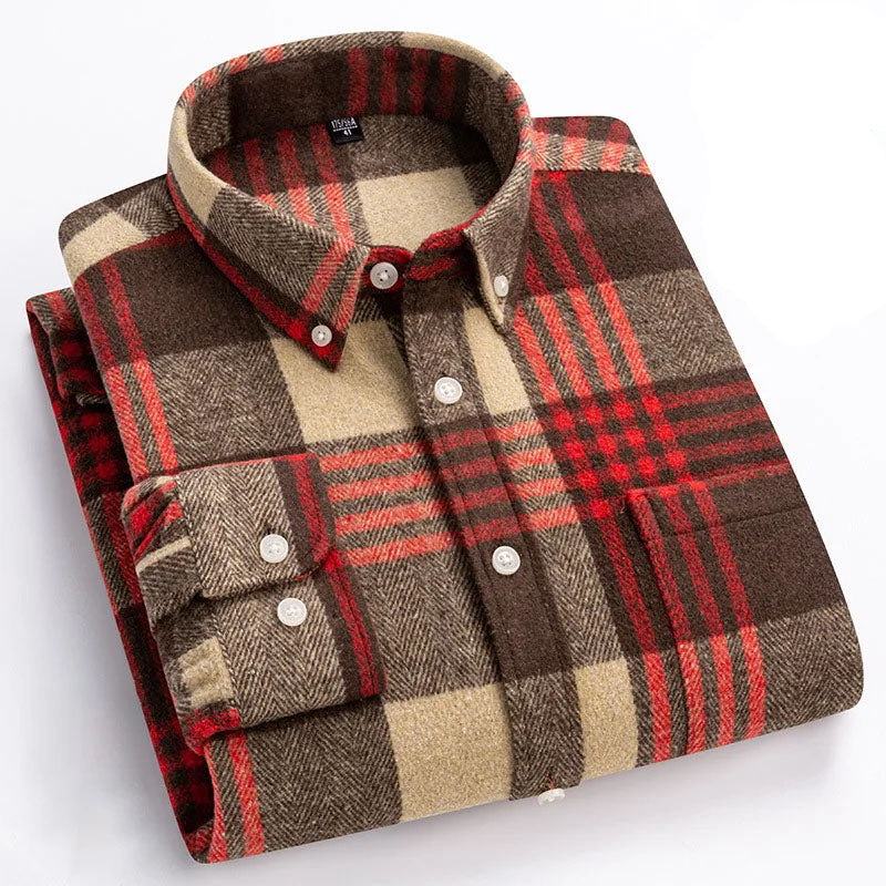 Men's Plaid Flannel Shirt with Button-Down Collar