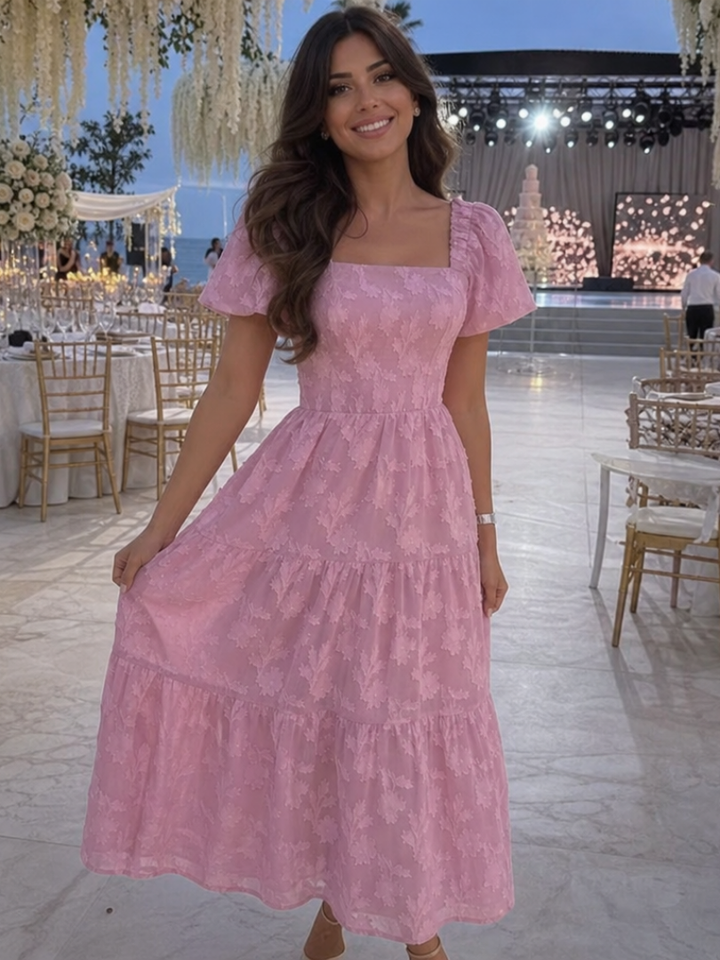 Women's Embroidered Square-Neck Tiered Midi Dress