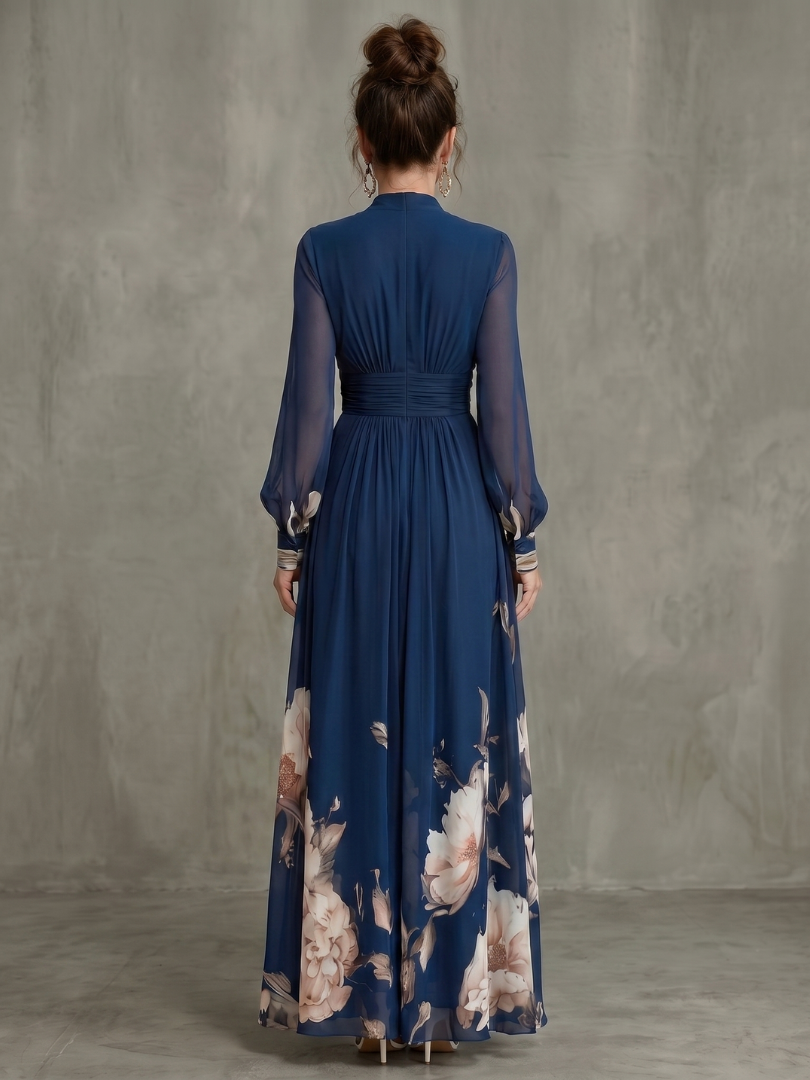 Women's Sheer Sleeve Floral Hem Maxi Dress