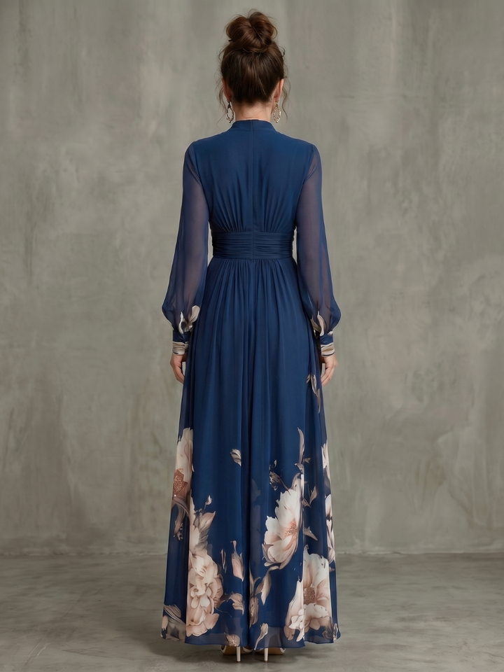 Women's Sheer Sleeve Floral Hem Maxi Dress