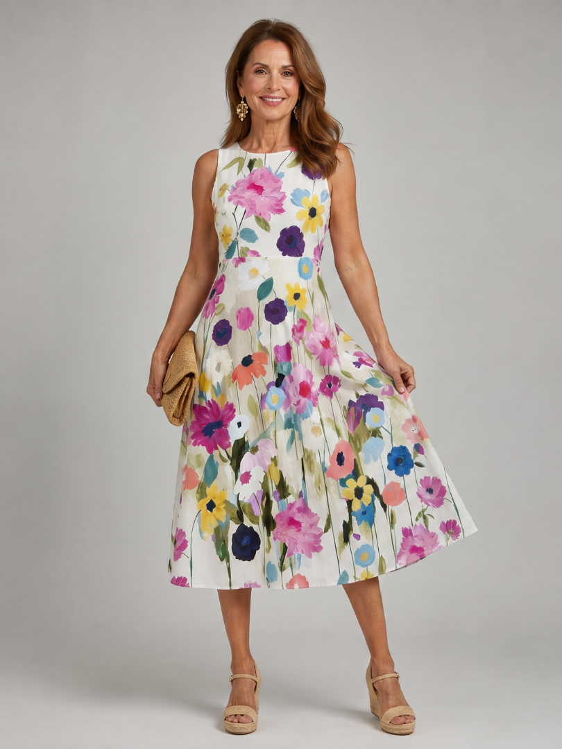 Women's Floral Print Fit-and-Flare Midi Dress