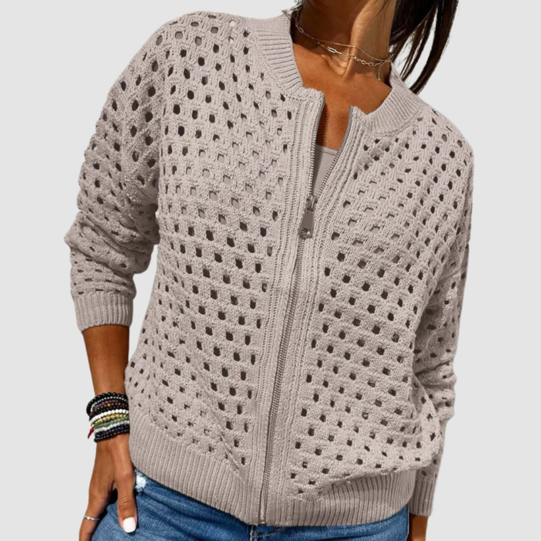 Women's Crochet Knit Zip-Up Cardigan in Relaxed Fit