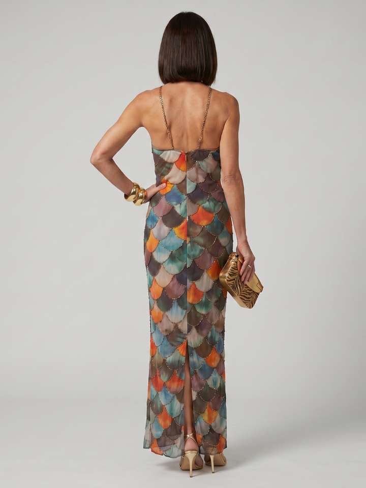 Women's Beaded Scallop Halter Maxi Dress