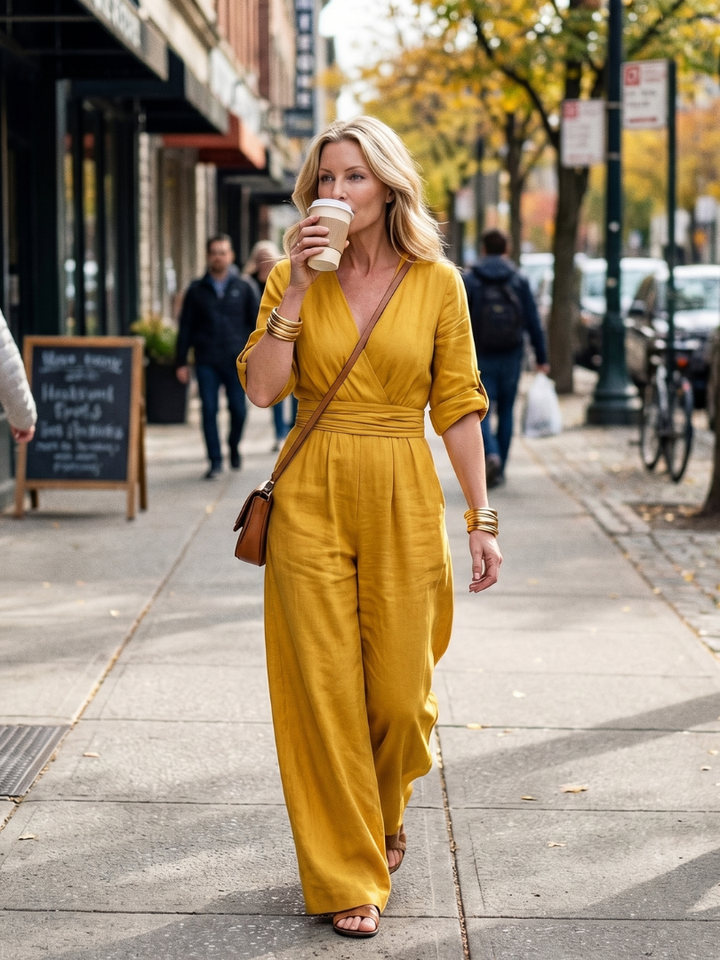 Women's Linen Wrap Jumpsuit with Wide-Leg Pants