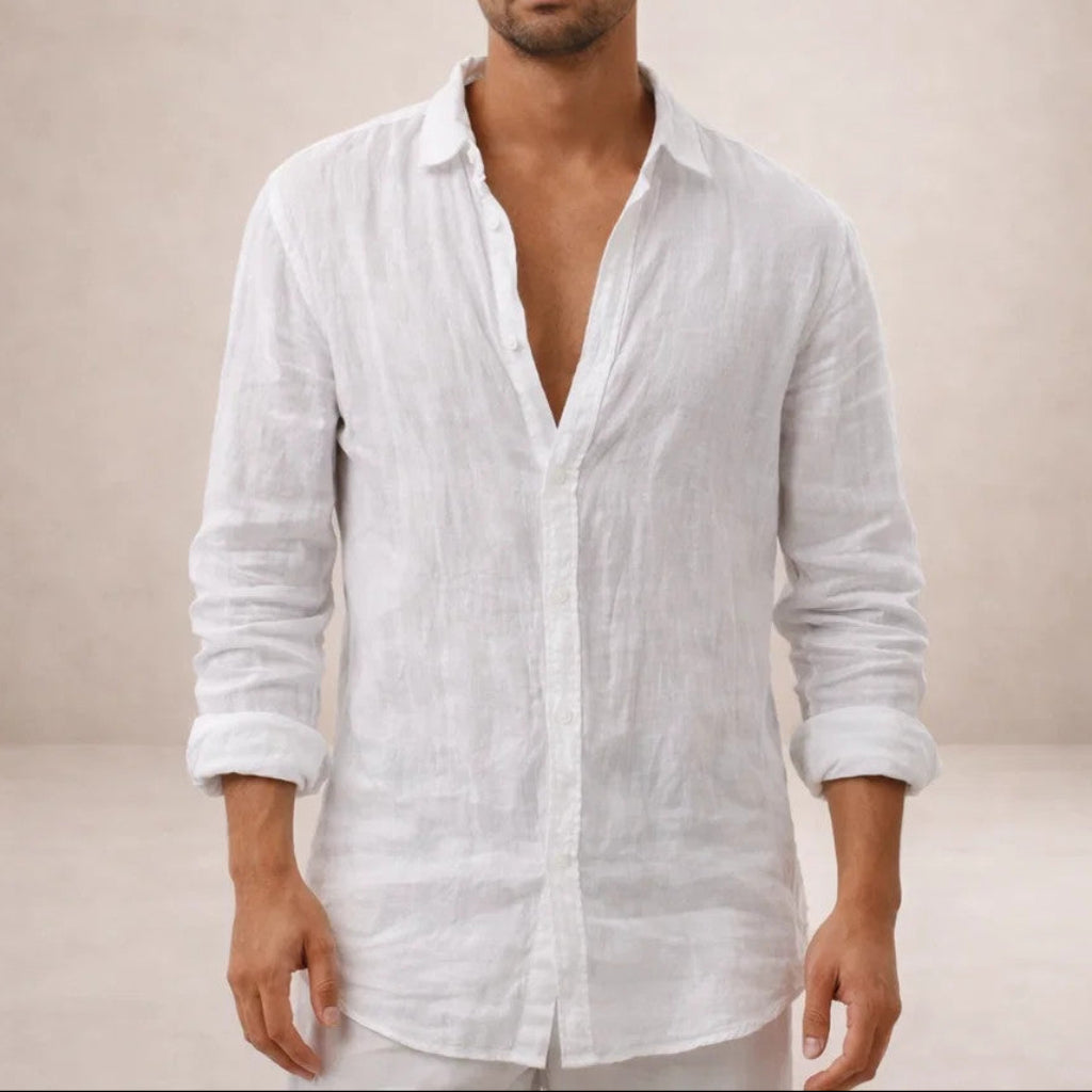 Men's Linen Button-Down Shirt with Spread Collar