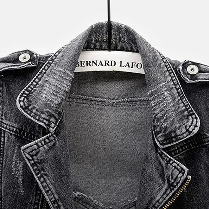Women's Distressed Denim Moto Vest with Adjustable Waist Belt