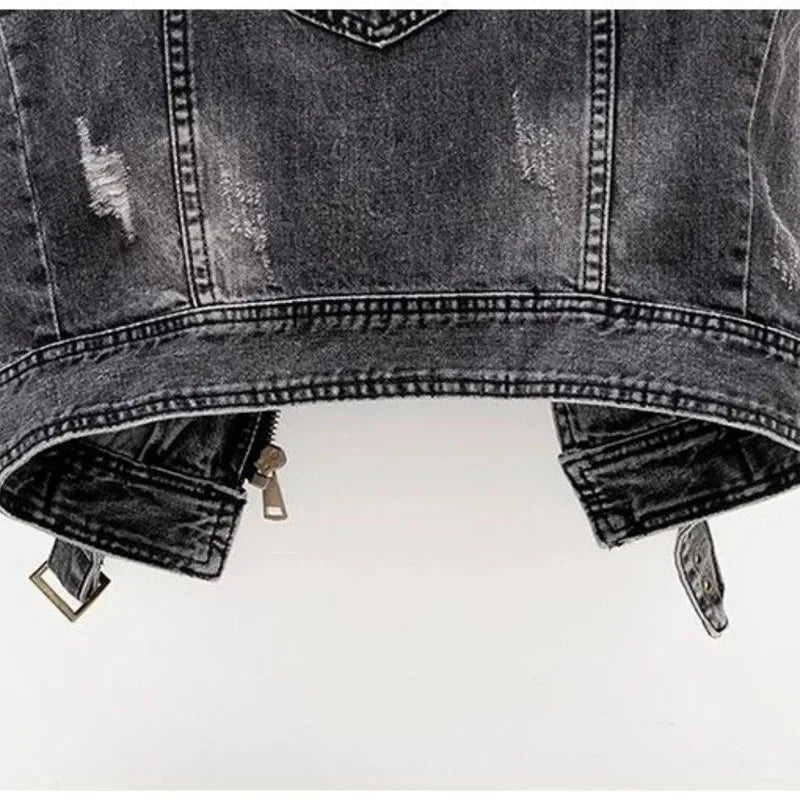 Women's Distressed Denim Moto Vest with Adjustable Waist Belt