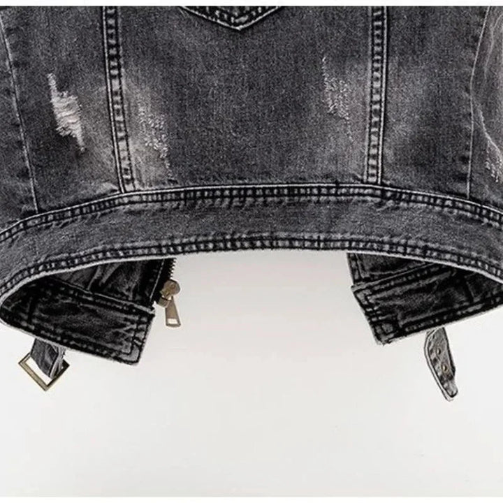 Women's Distressed Denim Moto Vest with Adjustable Waist Belt