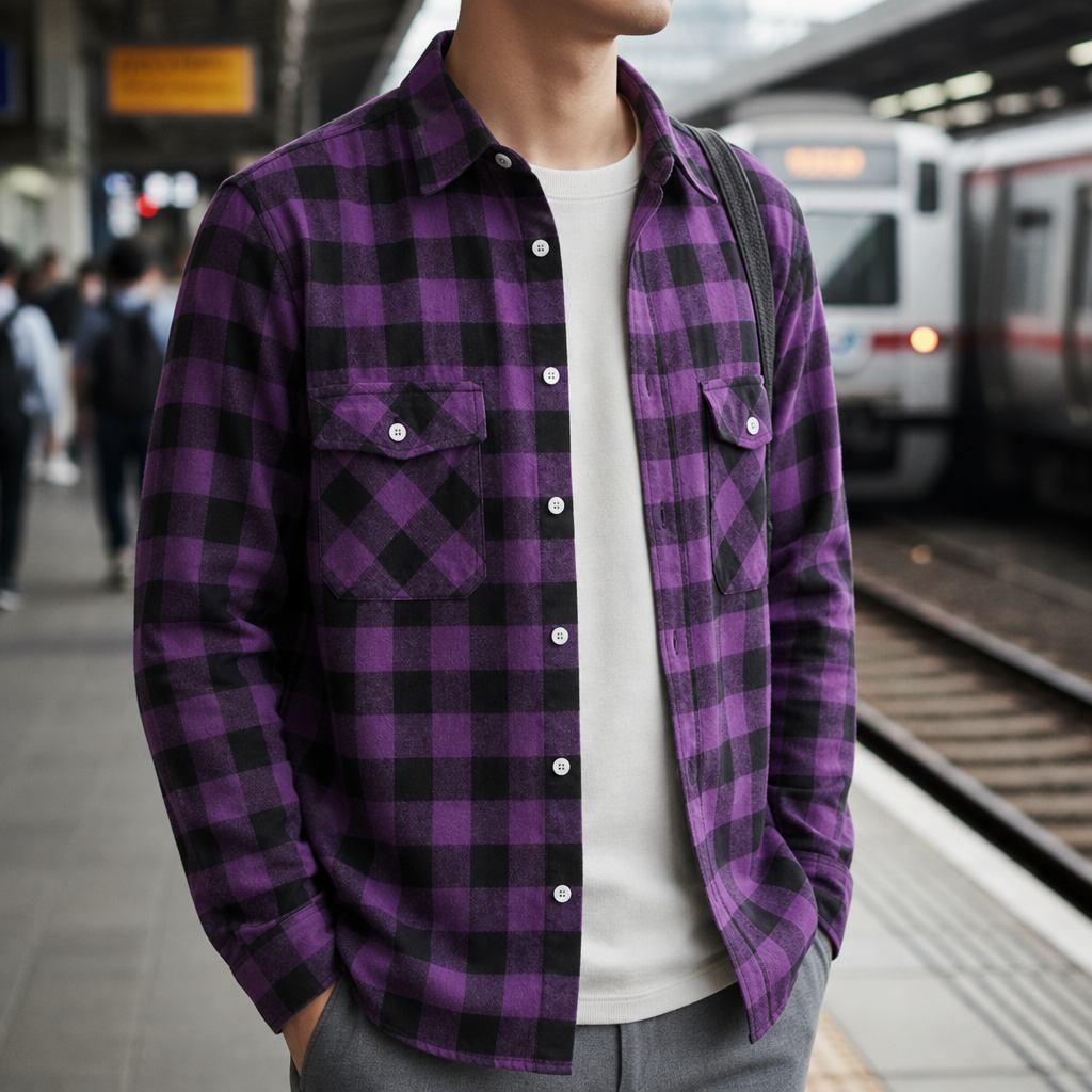 Men's Plaid Flannel Shirt with Dual Chest Pockets