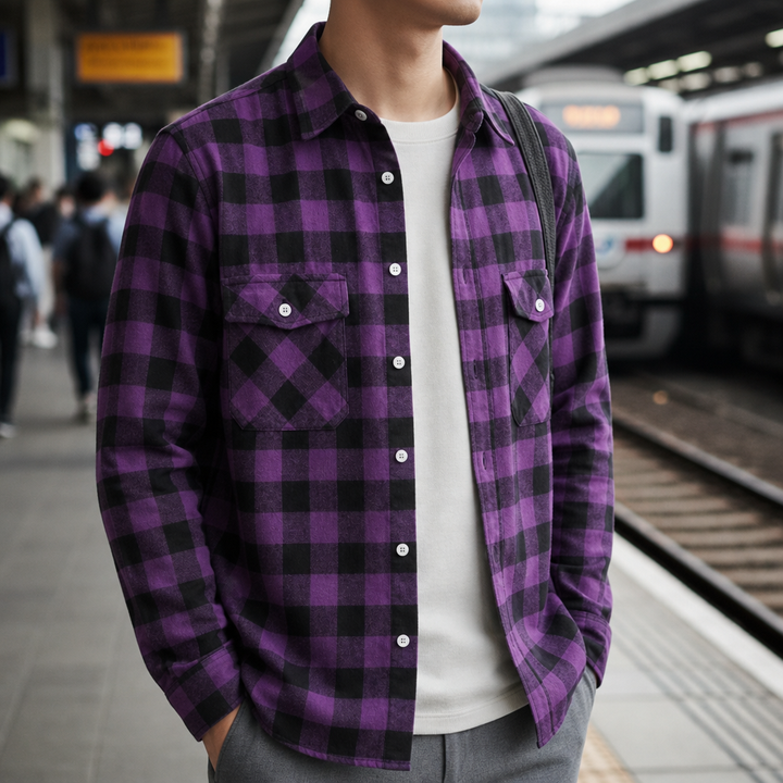 Men's Plaid Flannel Shirt with Dual Chest Pockets