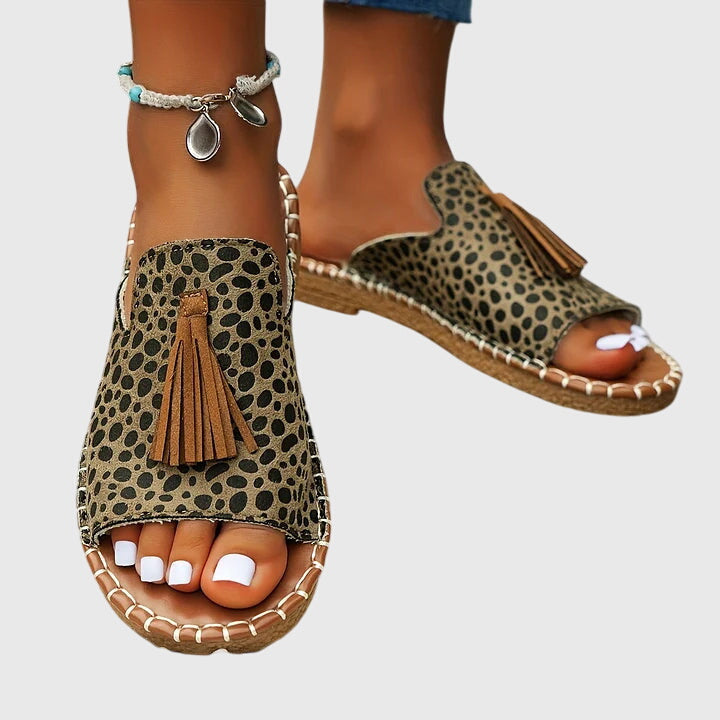 Women's Tasseled Animal Print Slide Sandals