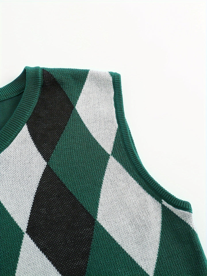 Men's Argyle Knit Sweater Vest with V-Neck