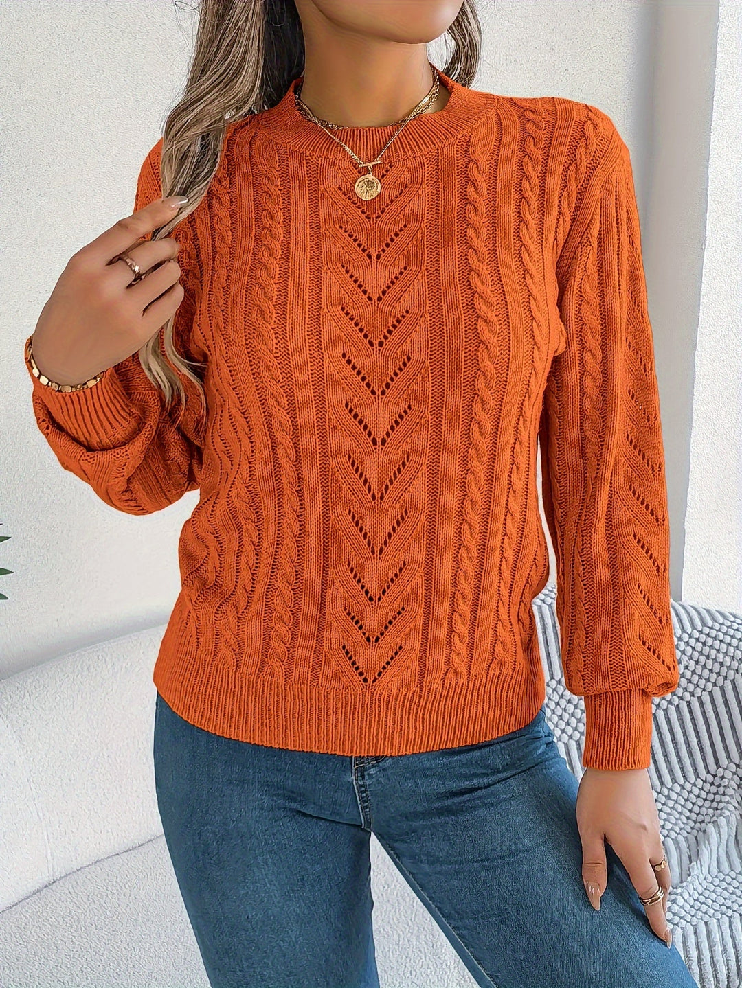 Women's Cable Knit Pointelle Sweater
