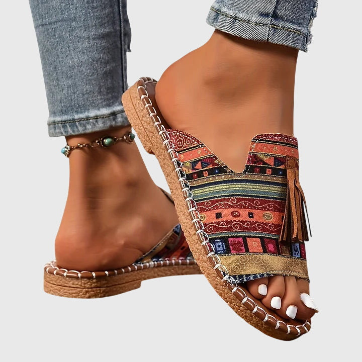 Women's Tasseled Animal Print Slide Sandals