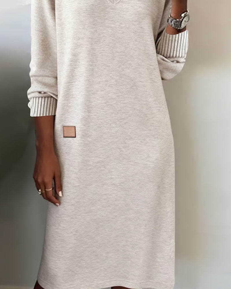 Women's Knit V-Neck Sweater Dress with Striped Cuffs
