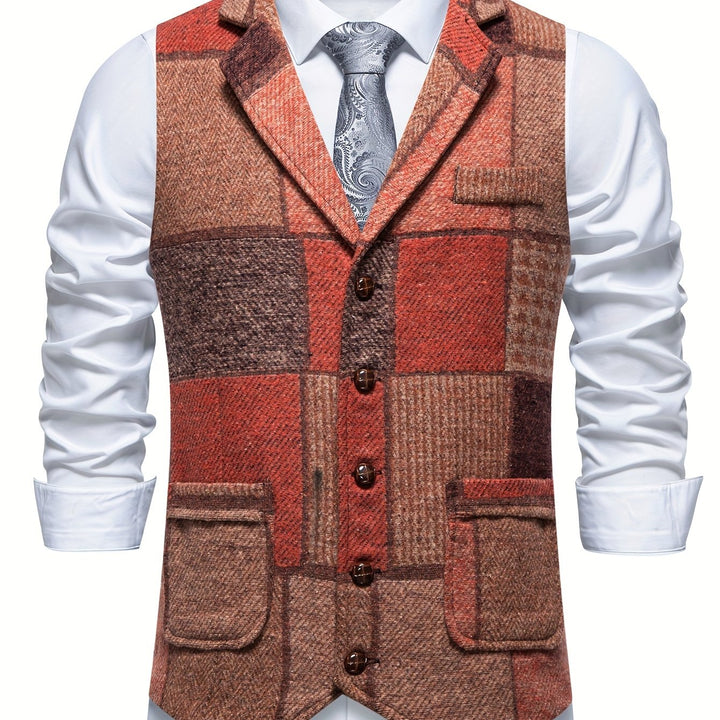 Men's Patchwork Tweed Suit Vest with Notch Lapel