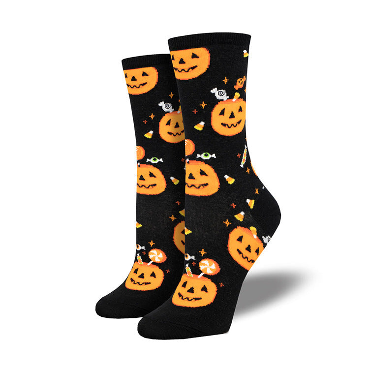 Halloween Pumpkin Witch Crew Socks with Maple Leaf Print
