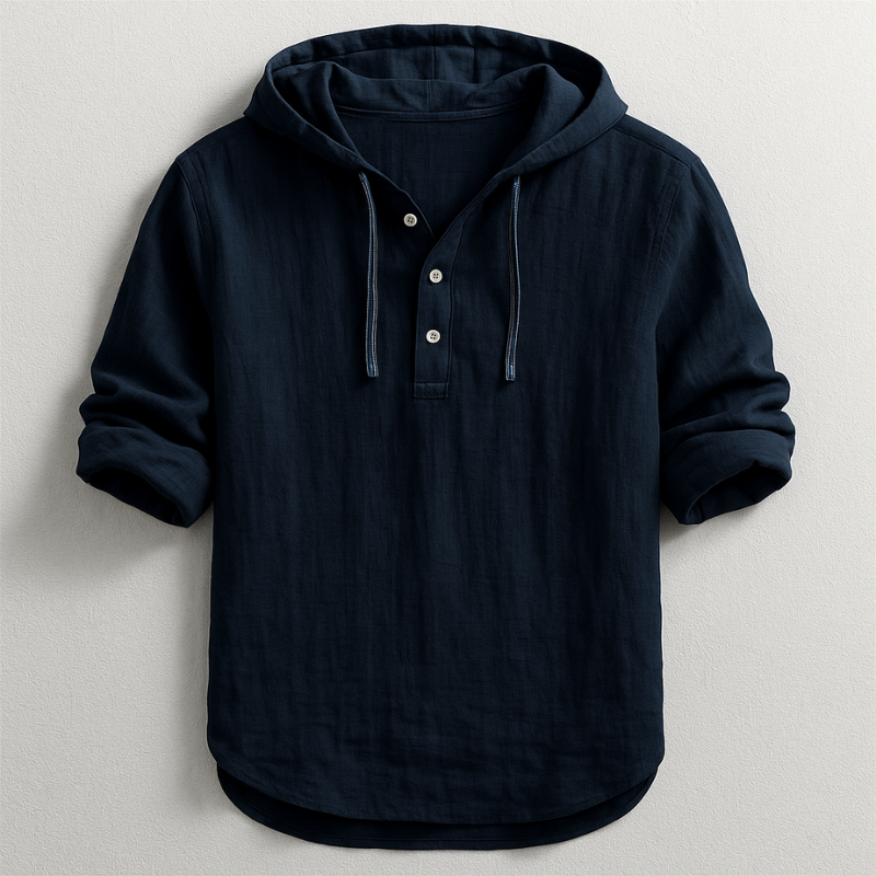 Men's Linen Hooded Henley Shirt with Drawstring