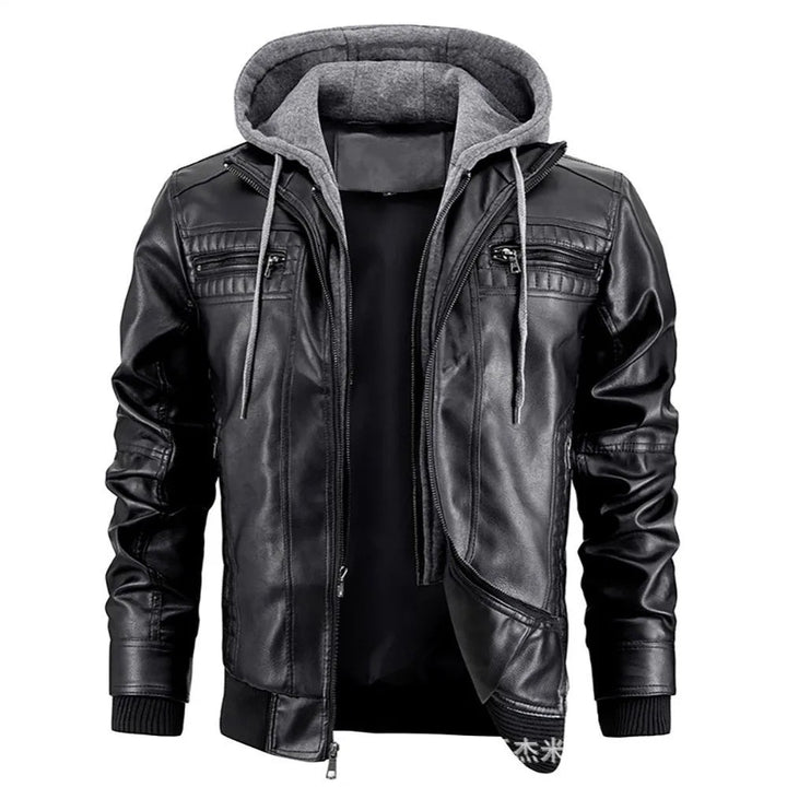 Men's Leather Hooded Moto Jacket with Zip Pockets