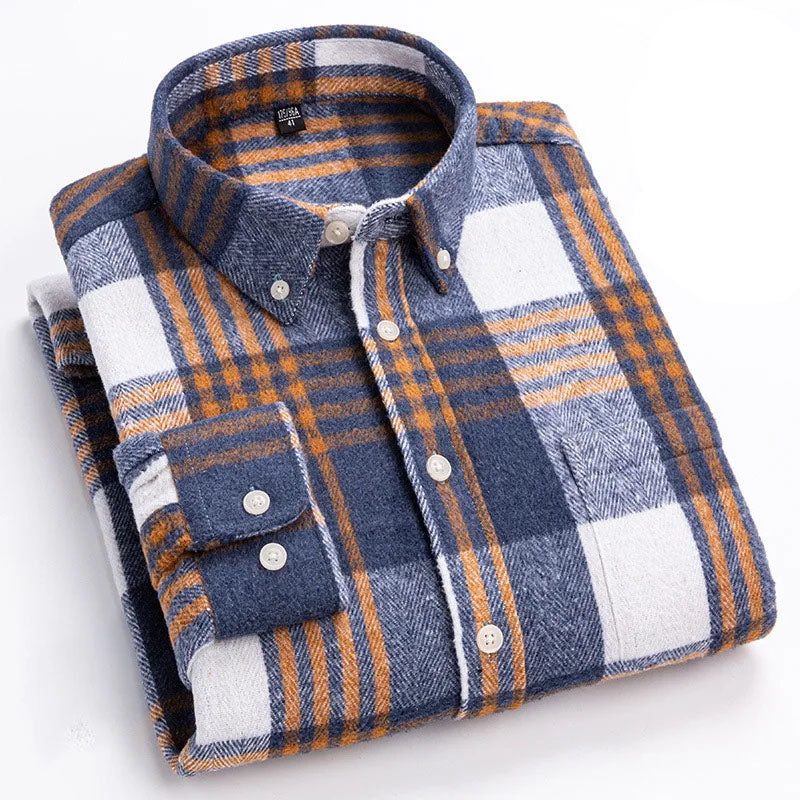 Men's Plaid Flannel Shirt with Button-Down Collar