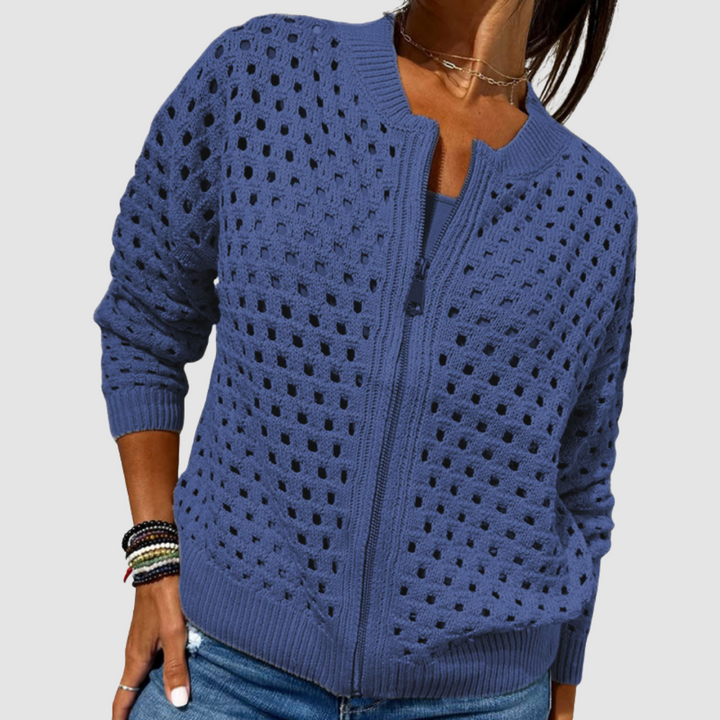 Women's Crochet Knit Zip-Up Cardigan in Relaxed Fit