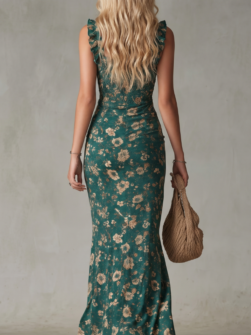 Women's Smocked Ruffle-Strap Maxi Dress with Side Slit