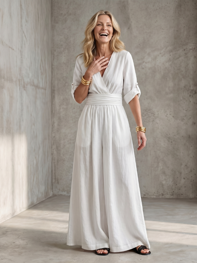 Women's Linen Wrap Jumpsuit with Wide-Leg Pants