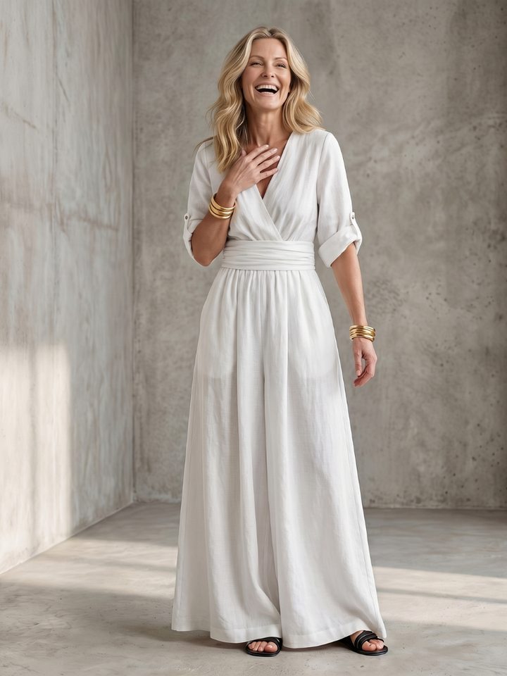 Women's Linen Wrap Jumpsuit with Wide-Leg Pants