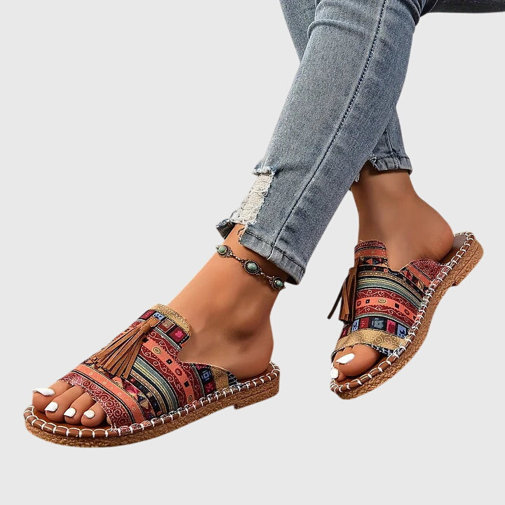 Women's Tasseled Animal Print Slide Sandals