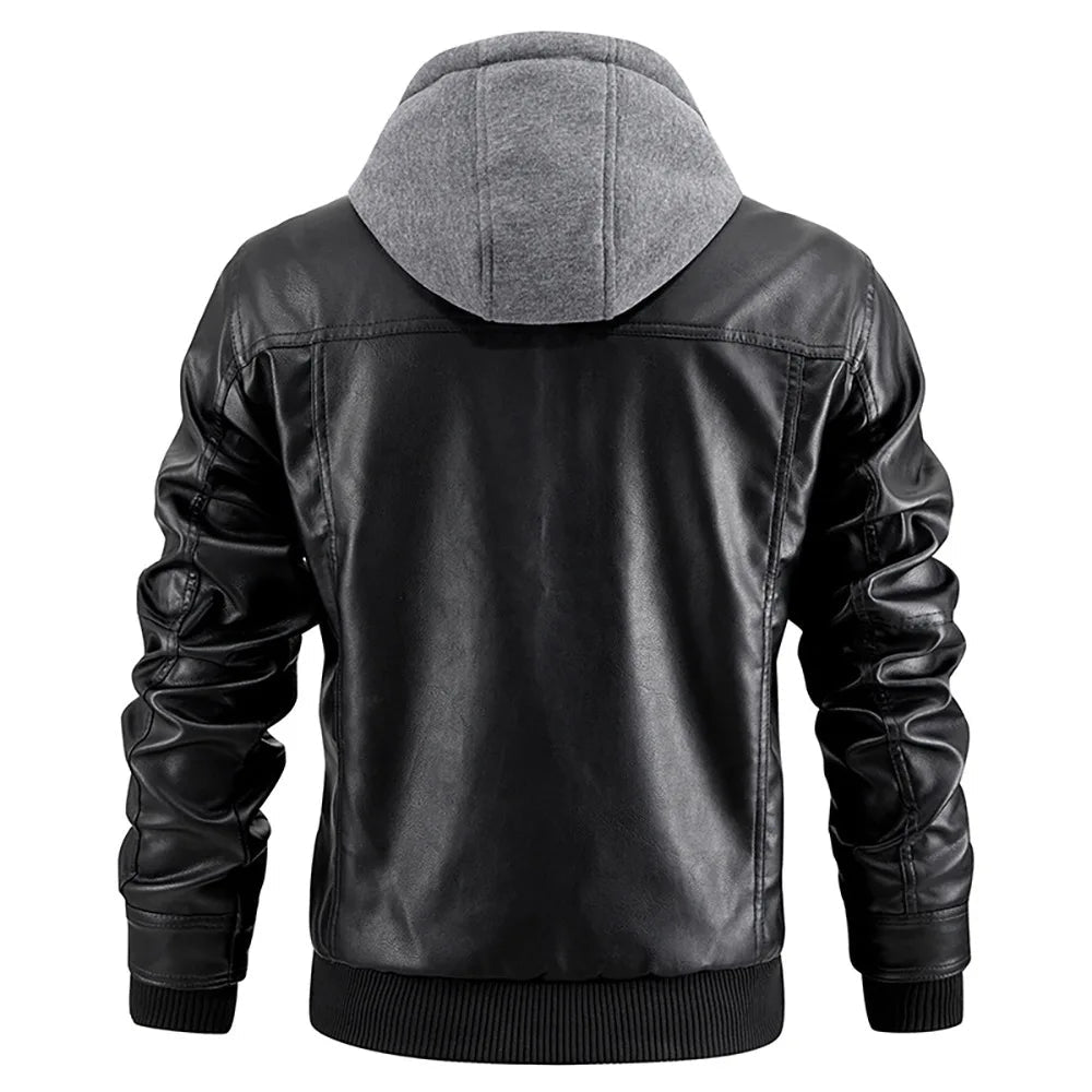 Men's Leather Hooded Moto Jacket with Zip Pockets
