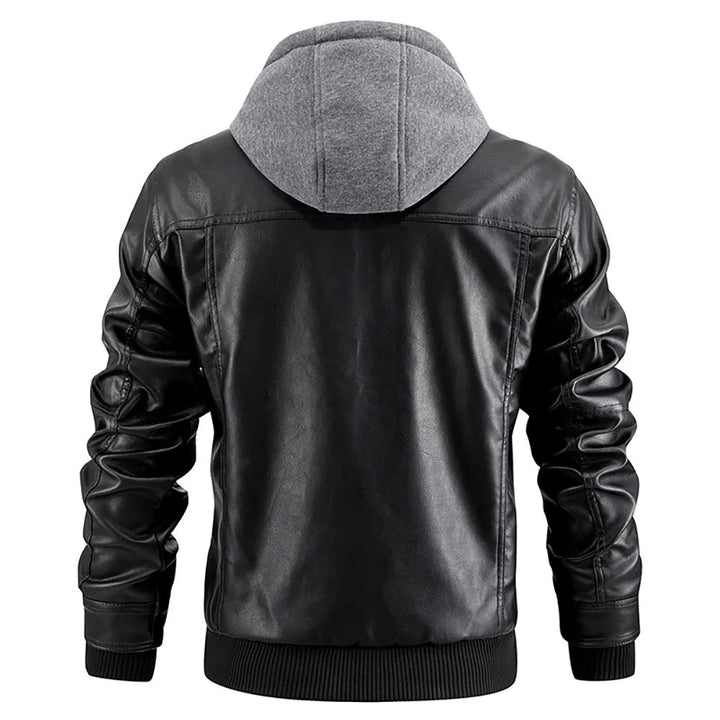 Men's Leather Hooded Moto Jacket with Zip Pockets
