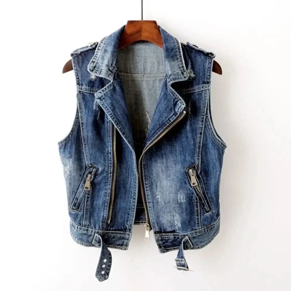 Women's Distressed Denim Moto Vest with Adjustable Waist Belt