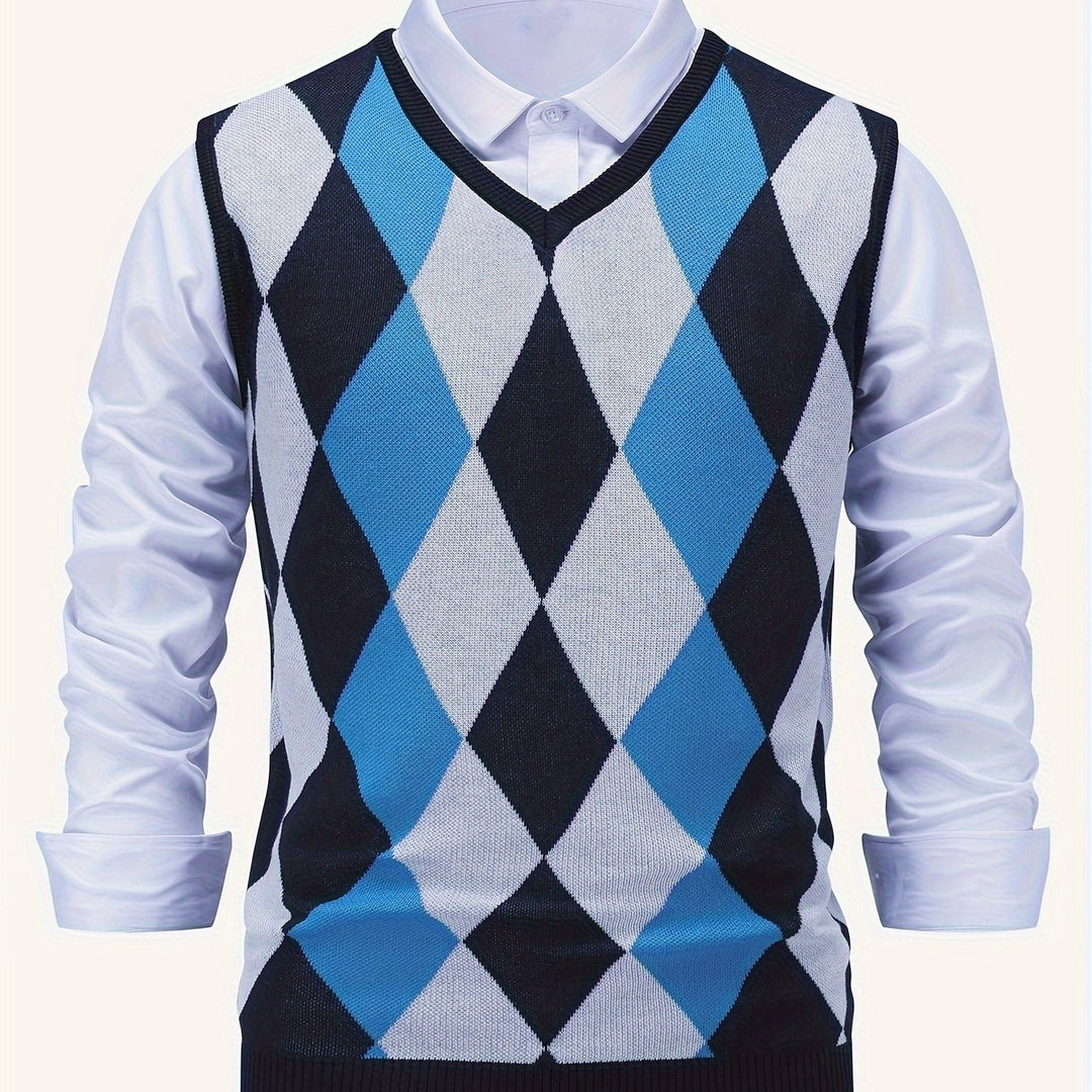 Men's Argyle Knit Sweater Vest with V-Neck