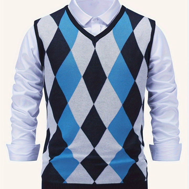 Men's Argyle Knit Sweater Vest with V-Neck