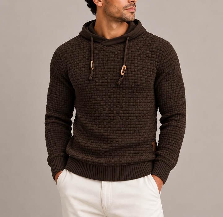 Men's Basketweave Knit Pullover Hoodie with Ribbed Cuffs