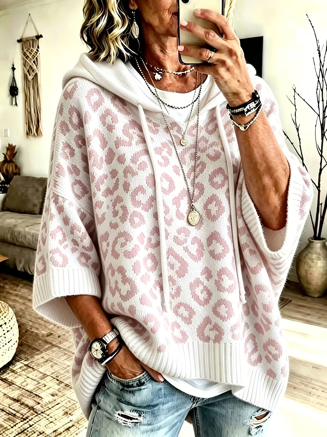 Women's Leopard Print Oversized Hoodie with Batwing Sleeves
