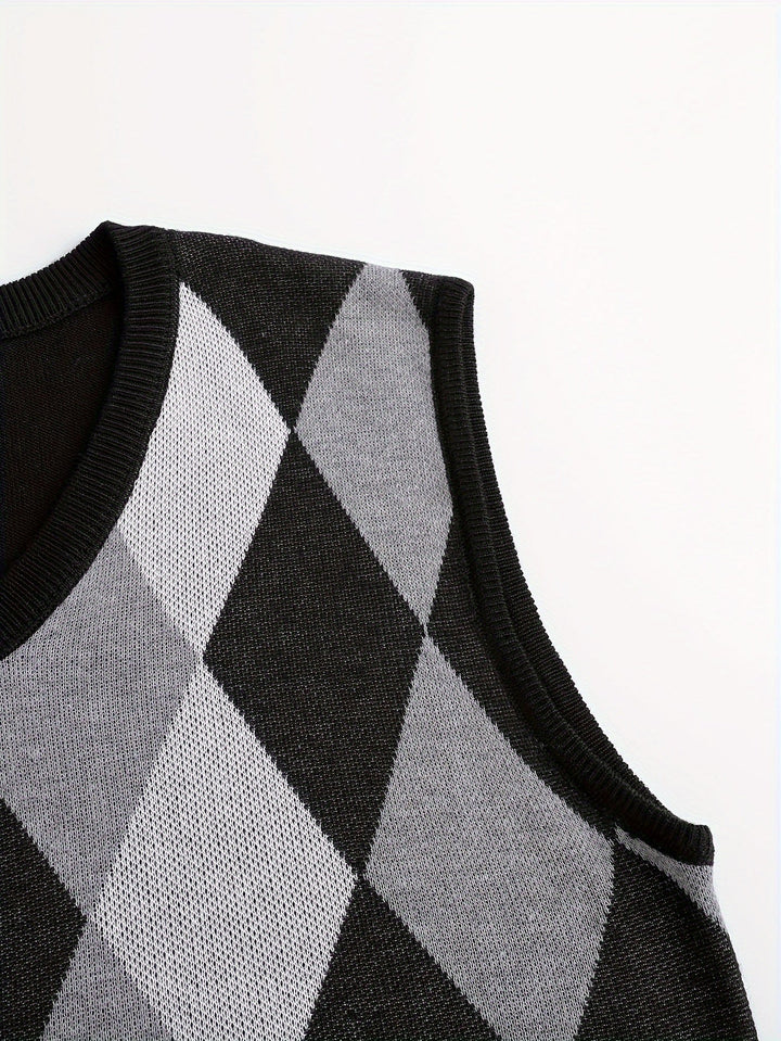 Men's Argyle Knit Sweater Vest with V-Neck