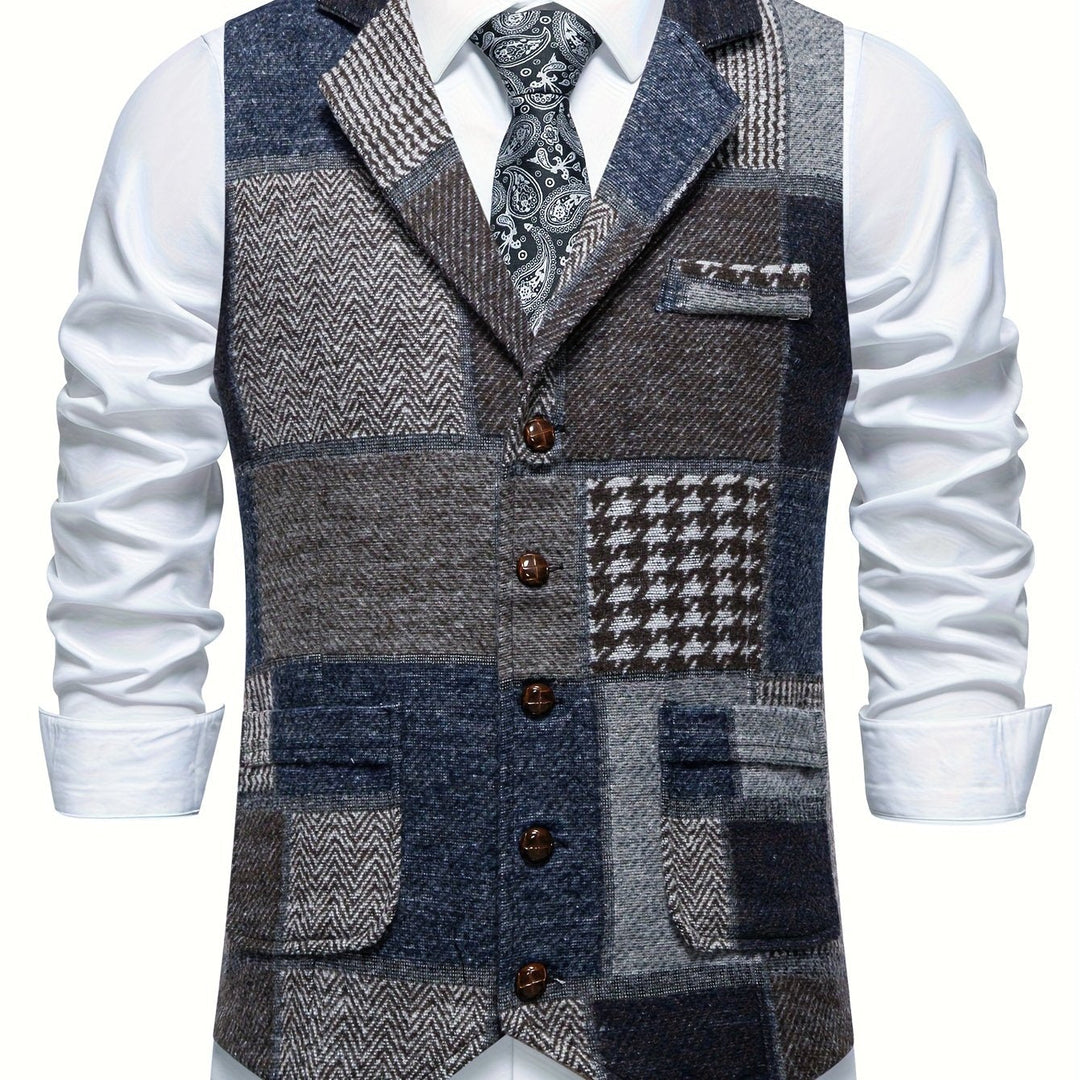 Men's Patchwork Tweed Suit Vest with Notch Lapel