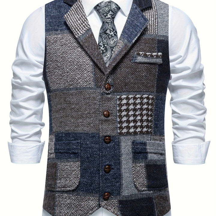 Men's Patchwork Tweed Suit Vest with Notch Lapel