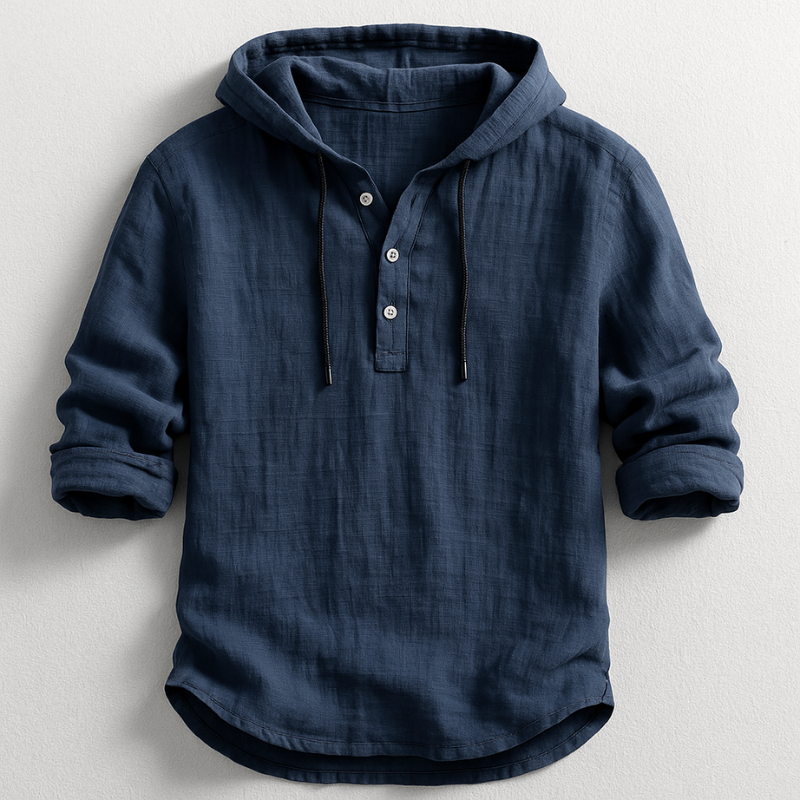 Men's Linen Hooded Henley Shirt with Drawstring