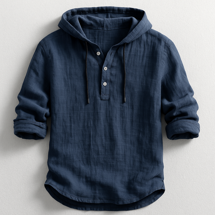 Men's Linen Hooded Henley Shirt with Drawstring