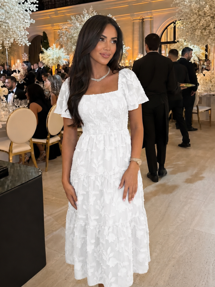 Women's Embroidered Square-Neck Tiered Midi Dress