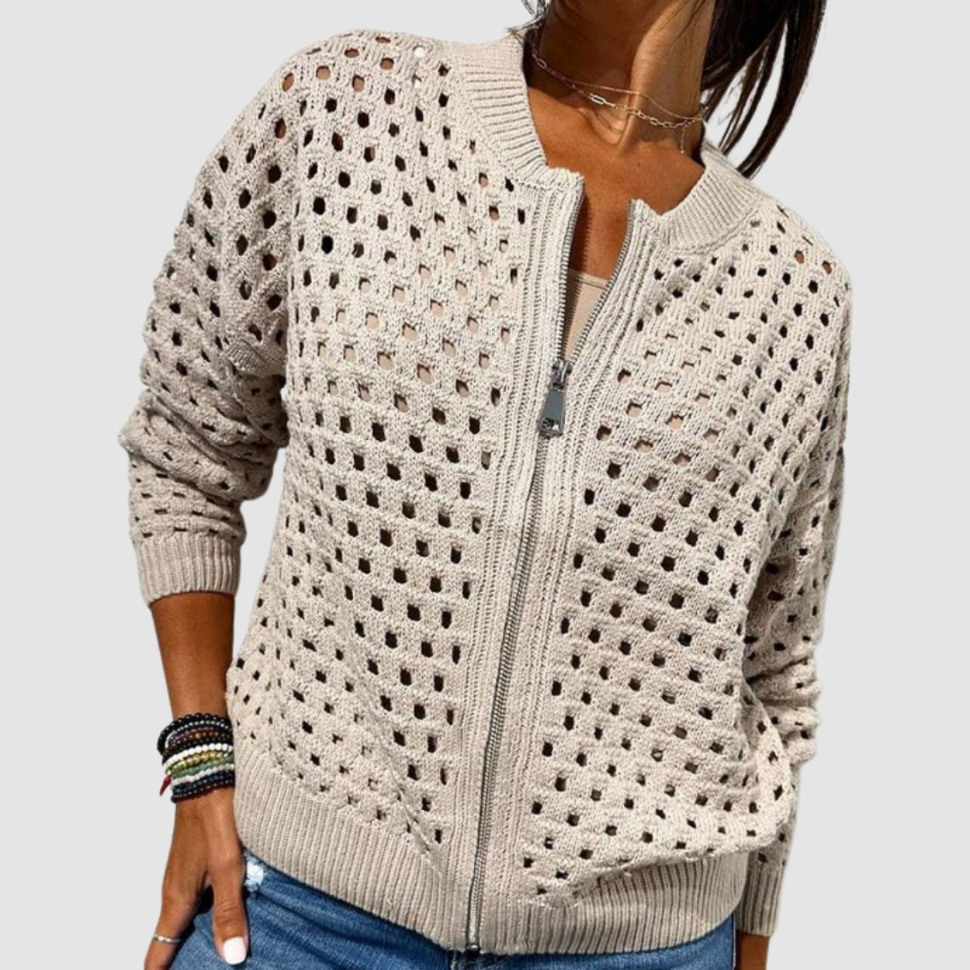 Women's Crochet Knit Zip-Up Cardigan in Relaxed Fit