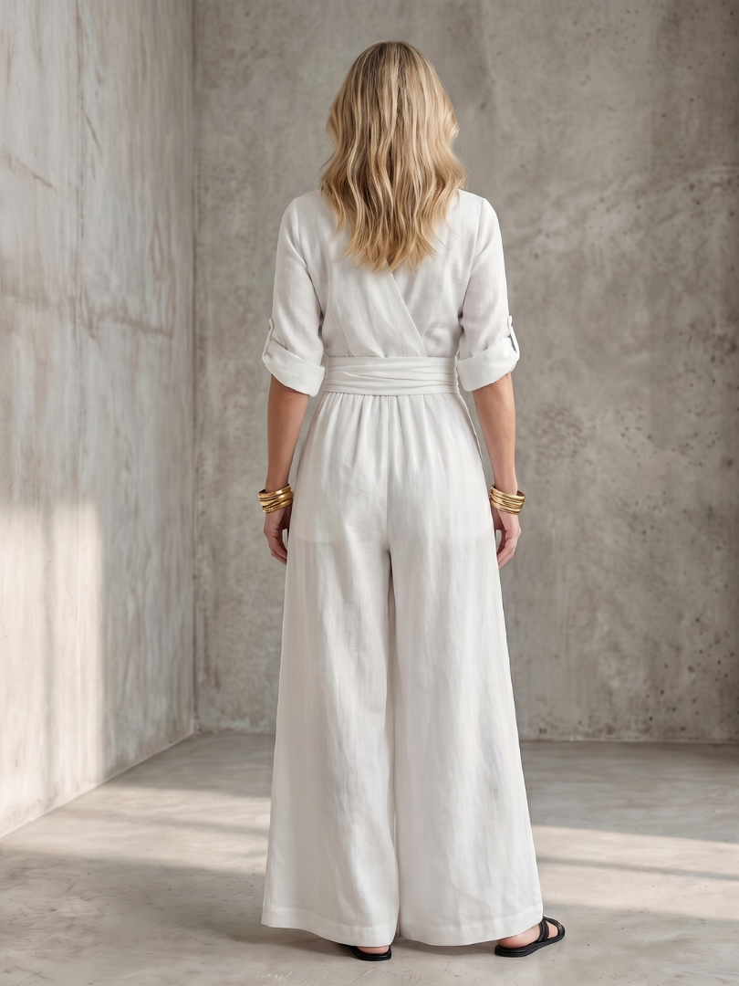 Women's Linen Wrap Jumpsuit with Wide-Leg Pants