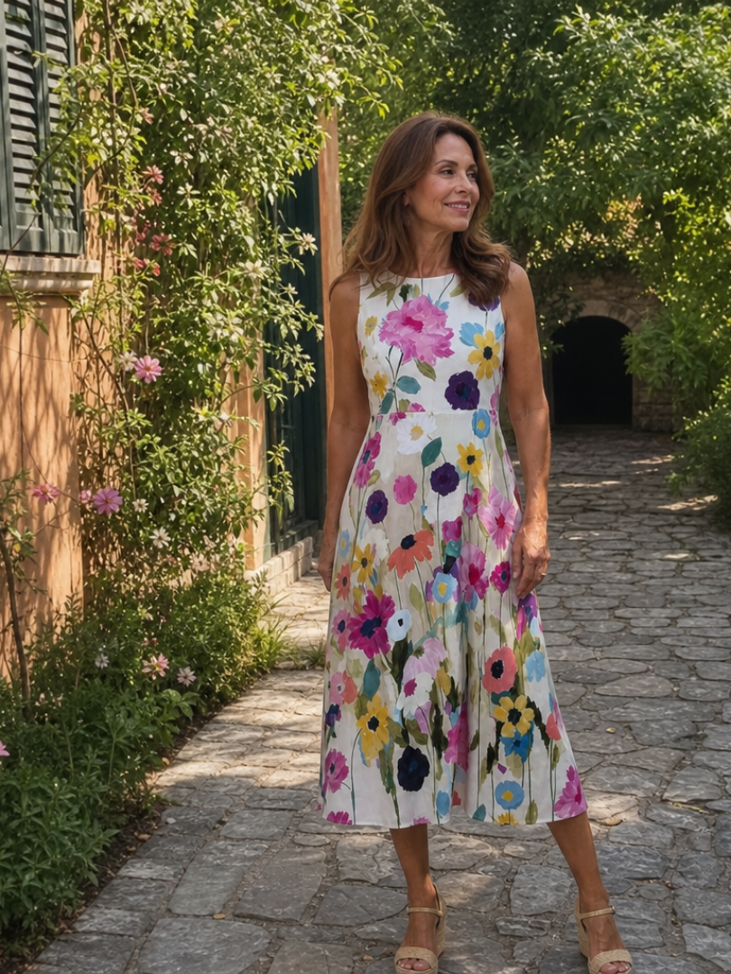 Women's Floral Print Fit-and-Flare Midi Dress