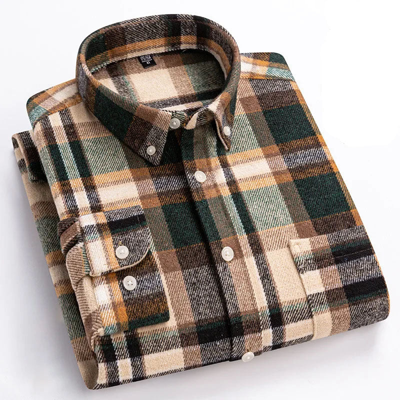 Men's Plaid Flannel Shirt with Button-Down Collar